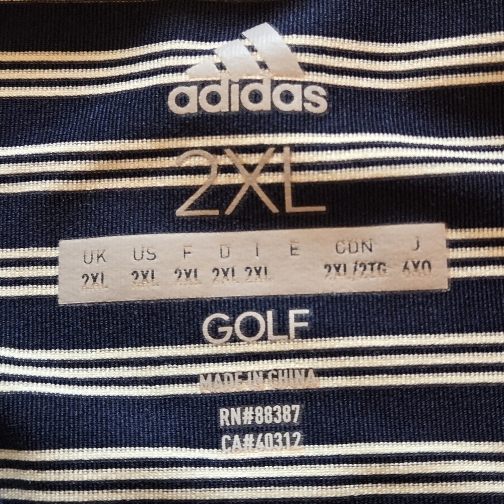 Adidas Men's 2XL Golf Polo 2 Color Striped Blue and White Shirt Side Slits - Picture 4 of 12